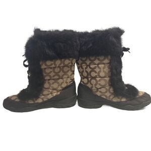 COACH Jeannie Signature Fur‎ Lined Boots Size 7B Mid Calf Brown & Black Size 7B